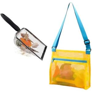 MUYIZI Beach Mesh Shovel with Mesh Shell Bags, Kids Filter Sand Scooper for Picking Up Shells,Shark Tooth Sifter Dipper for Boys and Girls,Beach Toys Accessories (Yellow) - Pack of 2