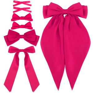 Ahoney 7 Pack Hot Pink Hair Bows Clips for Women Girls Silky Satin Hair Clips Long Tail Multi Style French Hair Ribbon Coquette Bows Hair Accessories Barrettes