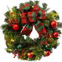 Christmas Wreaths for Front Door, Pre-Lit Artificial Christmas Wreath with LED Light and Red Berries Bow Ribbon Christmas Ball Decorations for Front Door Indoor Window Wall Décor, 20 inch