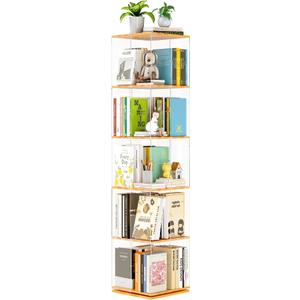 5-Tier Rotating Bookshelf, 360° Spinning Book Shelf Tower with Solid Wood & Clear Acrylic, Square Revolving Bookcase for Kids Room, Living Room, Bedroom and Office