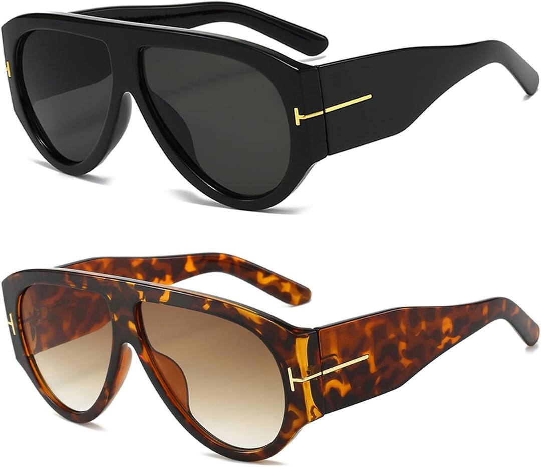 Trendy Oversized Aviator Sunglasses for Women Men Square Thick Frame Large Sun Glasses UV400 Protection (Black/Leopard)