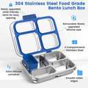 Stainless Steel Bento Box for Kids Adults with Silicone Container, Leak Proof 4 Compartments Metal Lunch Box, Removable Silicone Seal & Clear Lid Food Container for School Office, BPA-Free(Blue)