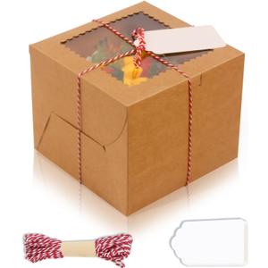 20Pcs Mini Cake Boxes with Window, 6x6x5 Inches Brown Bakery Boxes, Small 4 Cupcake Boxes, Cake Packaging for Pastries, Cookies, Chocolates, Cupcakes, Birthday Party, Wedding
