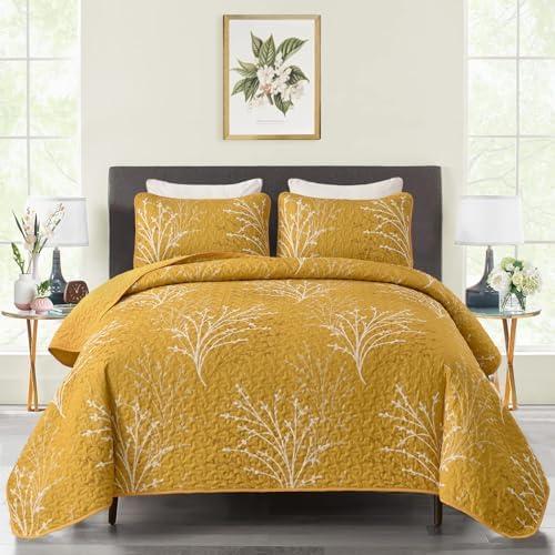 DJY Yellow Quilt Set Queen Size Branch Botanical Pattern Bedspread Coverlet Set, 3 Pieces Yellow Tree Floral Quilt Bedding Set, Soft Lightweight Microfiber Bed Cover Summer Bedding Set, 96''x90''