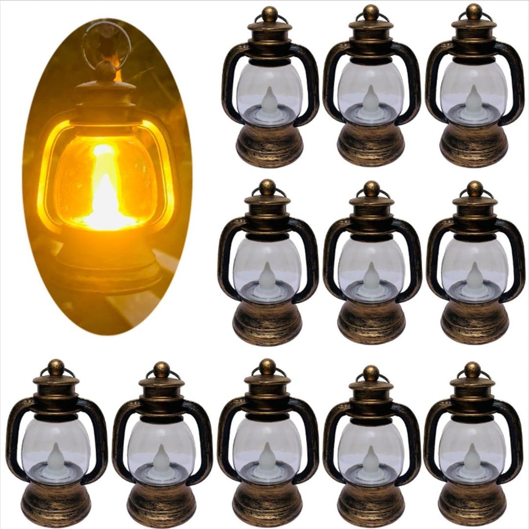 12 Pack Mini Lantern with 4" Flickering LED Candle, Vintage Lanterns Ornaments Table Centerpiece Halloween Western Party Christmas Tree Decorations (Rose Golden)