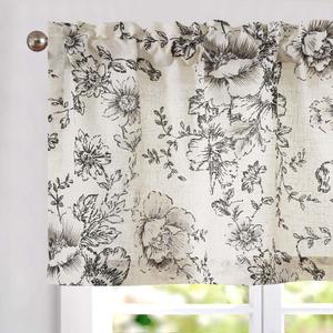 Vangao Linen Valance Curtain Farmhouse Black Floral Window Valance for Bedroom, 16 Inch French Country Flower Small Drapes for Kitchen Light Filtering Window Treatments Rod Pocket 1 Panel