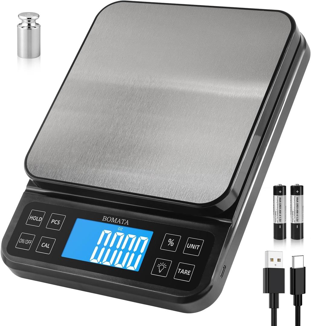BOMATA Large Kitchen Scale with 0.1g/0.001oz High Precision, 5kg/11lb Bakery Scale with% Percentage Function, USB Rechargeable, Full-View Angle LCD with Backlight, Stainless Steel Pan (Black)