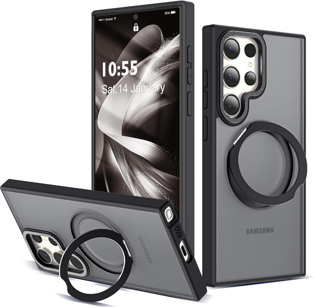 Zalinbo Compatible with Samsung Galaxy S22 & S23 Ultra Case with 360Rotatable Magnetic Ring Stand Compatible with Mag-Safe Military Protection Shockproof Translucent Phone Case,Black