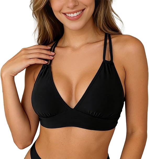 2026 Summer Plain Bra Swimsuit, High Waisted Bikini with Matching Bottom for Tankini, Black, Small