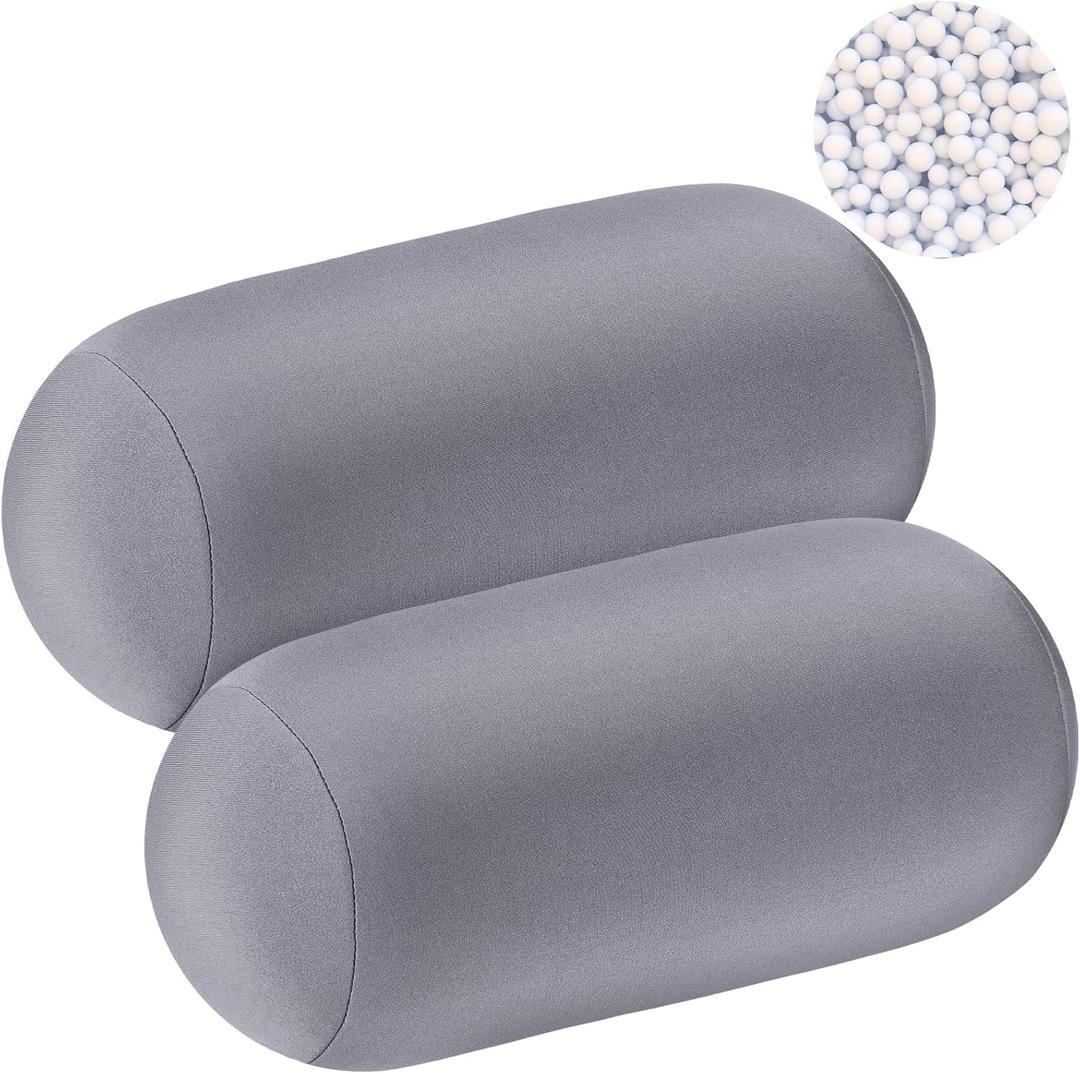 Geelin 2 Pcs Microbead Roll Pillow 11.8 x 6.3 Inch Soft Pillow Bolster Cylindrical Pillow Microbead Pillows for Sleeping Home Travel Neck Head Back Support Rest (Grey)