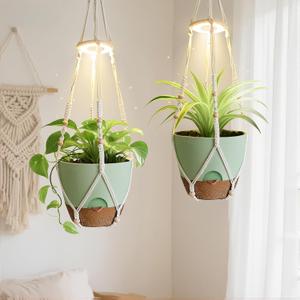 Hanging Planters for Indoor Plants: 2 Pack Macrame Plant Hangers with Grow Lights and Self-Watering Pots, Large Hanging Pots with Drainage Holes & Removable Tray（10in Green Pot, Daylight Spectrum）