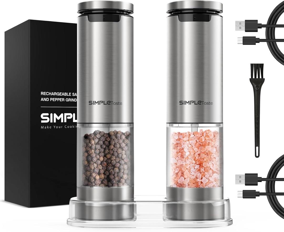 SIMPLETASTE Electric Salt and Pepper Grinder Set Rechargeable with LED Light, Stainless Steel, 70g Capacity for Kitchen, Dining Room, Bar (Dark Silver)
