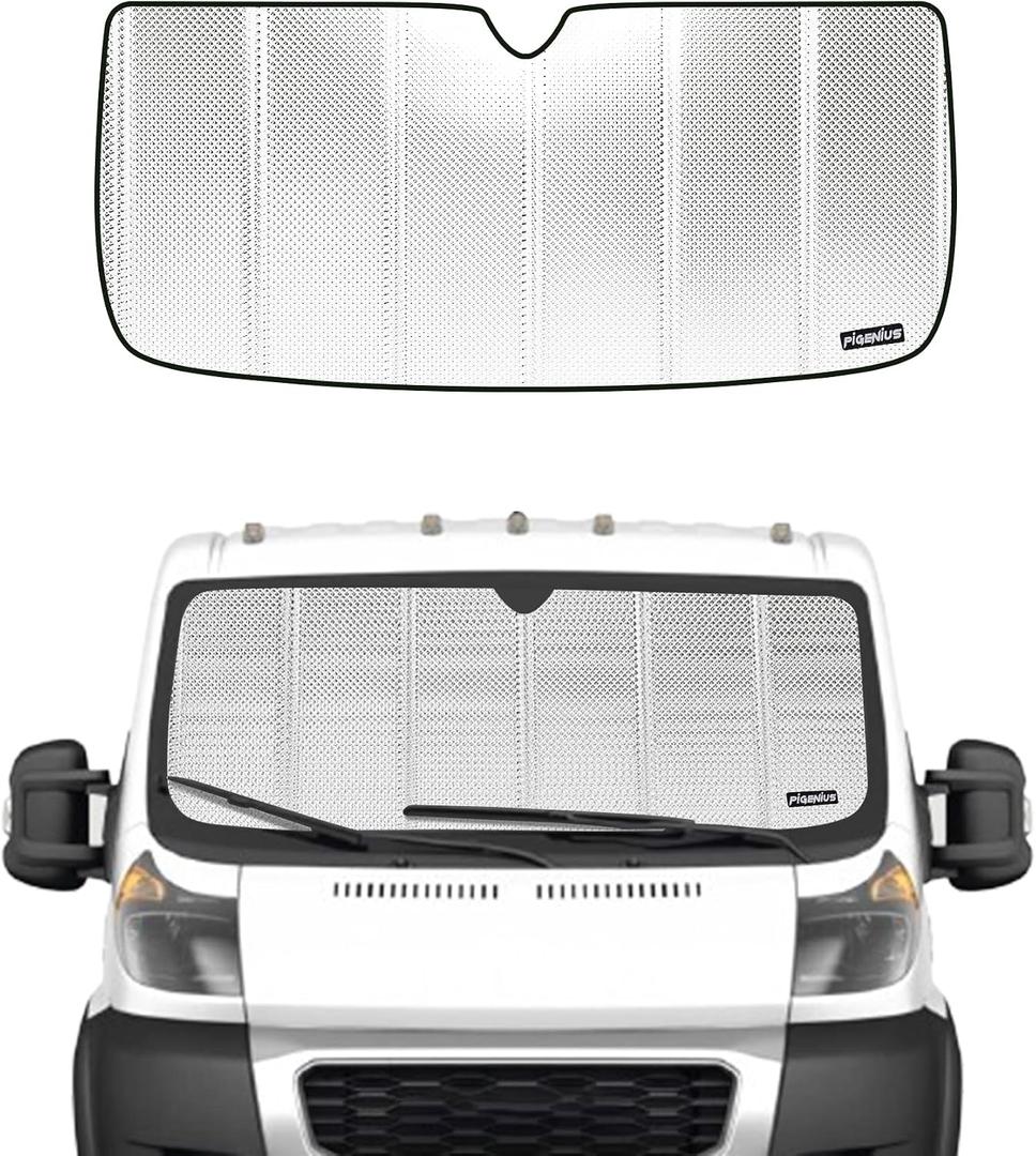 Pigenius Windshield Sun Shade for Dodge Promaster 2014-2026. Reflective Aluminum Film Front Window Sunshade - BLAZBLOCK