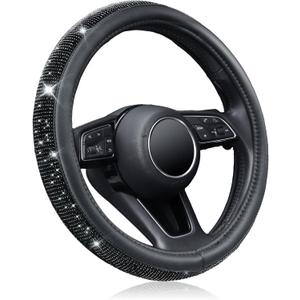 KAFEEK Diamond Leather Steering Wheel Cover with Bling Bling Crystal Glitter Rhinestones, Universal 15 inch, Car Accessories for Women Girl, Black Microfiber Leather Black Diamond