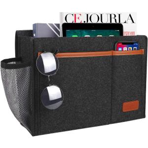 Bedside Caddy, Bed Storage Organizer for Remote Controller, Books, Magazine, Laptop Holder, 12.4'' x 8.6'' inch Bedside Hanging Felt Storage Bag for Dorm Bed with 5 Pockets, Dark Gray