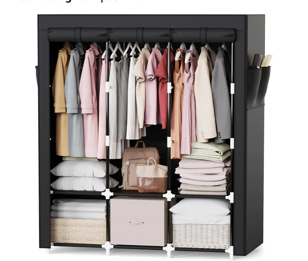 Mavivegue Portable Closet, 50 Inch Wardrobe Closet, Portable Closets for Hanging Clothes with 3 Hanging Rods and 6 Storage Shelves for Bedroom, Black