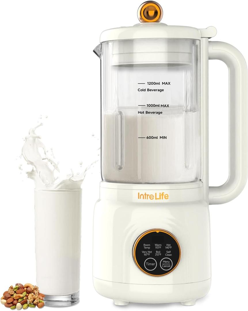 IntreLife 40 oz Nut Milk Maker Machine with 18700 RPM High Speed, 8 in 1 Soy Milk Maker with Nut Milk Bag, Plant Based Milk Maker for Almond, Oat, with Delay Start/Keep Warm/Self Cleaning, White