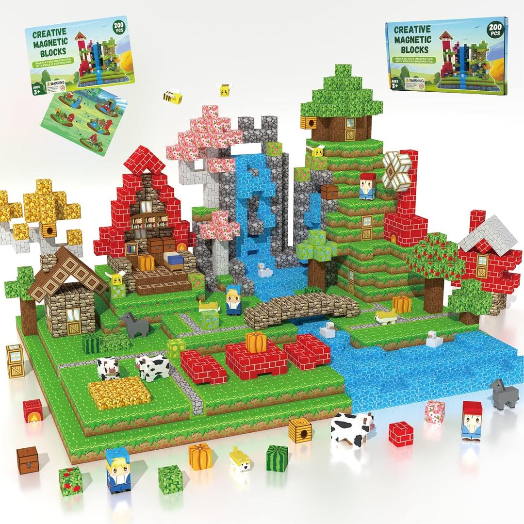 200 PCS Magnetic Blocks - Upgraded STEM Building Toys for Kids Featuring 5 Colorful Animal-Shaped Blocks, Magnetic Tiles for Kids 3+ Boys and Girls Christmas Birthday Gifts