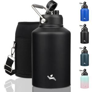 1 Gallon Jug with Handle,128 oz Insulated Water Bottle with Carrying Pouch, Double Wall Vacuum Stainless Steel Metal Bottle,Black