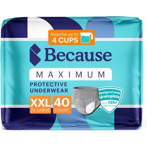 Because Maximum Incontinence Underwear for Men - Heavy Bladder Leak Protection, Ideal for Overnight Leakage, Sleek, Invisible Fit, Grey, XXLarge - Absorbs 4 Cups - 40 Count (4 Packs of 10)