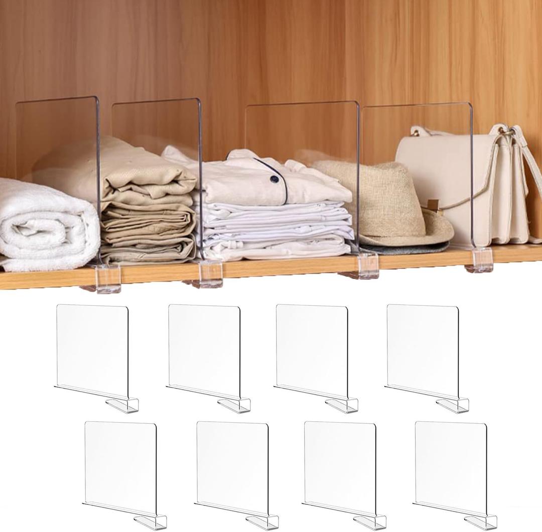 Adjustable Closet Shelf Dividers 8 Pack - Acrylic Vertical Organizer for Cabinets, Kitchen, Pantry (Clear)
