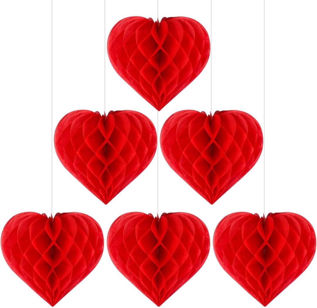 Bencailor 6 Pcs Valentines Day Honeycombs Party Decoration 12 Inch Heart Honeycomb Decoration Paper Pom Poms Honeycomb Balls Paper Ornaments Valentine Hanging Decorations for Home Decor (Heart)