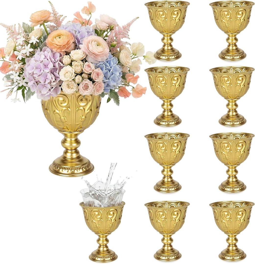 Large Gold Vases for Centerpieces Set of 10, Wide Opening Metal Pedestal Bowls with Waterproof Liners for Wedding Table Centerpieces, Party & Home Decor