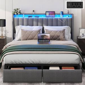 Aelawe Queen Bed Frame with 2 Drawers, Platform Bed Frame with LED Lights and Charging Station, Upholstered Headboard, Heavy Duty Metal Slats, No Box Spring Needed, Noise Free, Easy Assembly