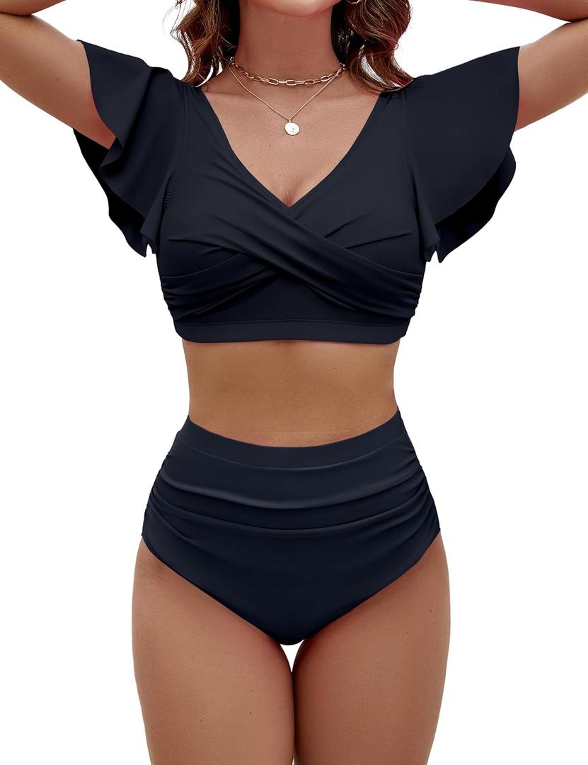 BMJL Women's High Waisted Bathing Suits Tummy Control Two Piece Swimsuits Ruffle Bikini Sets Criss Cross Ruched Swimwear (Medium, Black)