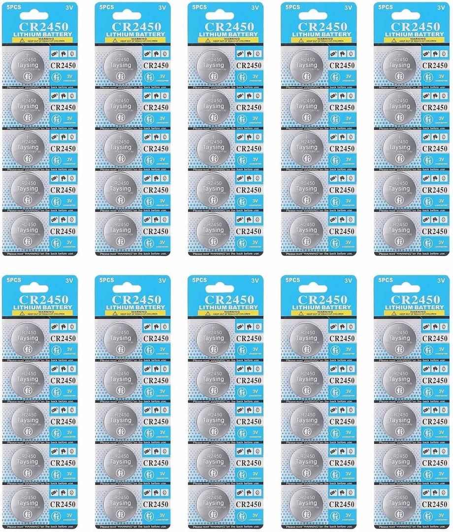 Taysing 50 Pack 3V High Capacity Lithium Button Coin Cell Batteries CR2450 ECR2450 Used in Most Electronic Devices