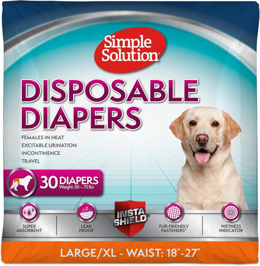 Simple Solution Disposable Dog Diapers, Female Dog Diapers, Puppy Potty Training, Incontinence and Heat Cycle Protection, Large/XL Diapers for Dogs, 18-27 Inch Waist, 30 Count