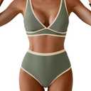 Aidonger Women's High Waisted Bikini Sets Two Piece Color Block Triangle Swimsuits Sexy V Neck Bathing Suits, Large