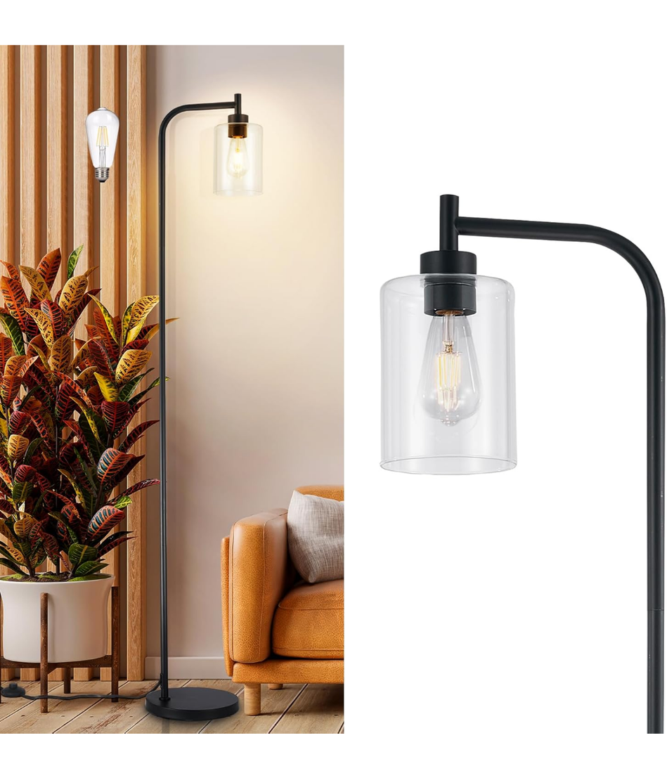 DLLT Floor Lamp Tall for Room: Black Standing Lamp with Clear Glass Lampshade for Living Room - Modern Bright Lamp for Bedroom - Industrial Corner Floor Lamps for Office 8W Led Bulb Included