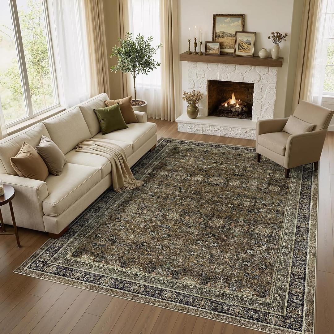 WITSHOCK Boho Living Room Rugs 10x12: Brown Olive Washable Stain Resistant, Modern Vintage Farmhouse Distressed Neutral, Soft Low Pile Large Rug for Bedroom Dining Room Playroom Home Office, 120x144