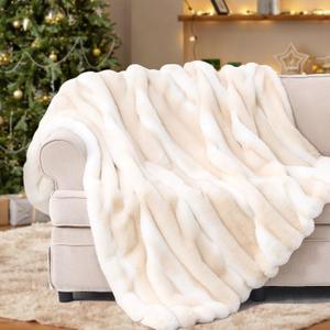 Plush Faux Rabbit Fur Throw Blanket  850GSM Thick & Warm, Ultra Soft Fluffy Blanket for Couch, Bed, Sofa, Ideal Gift for Women, 50"  60", Beige