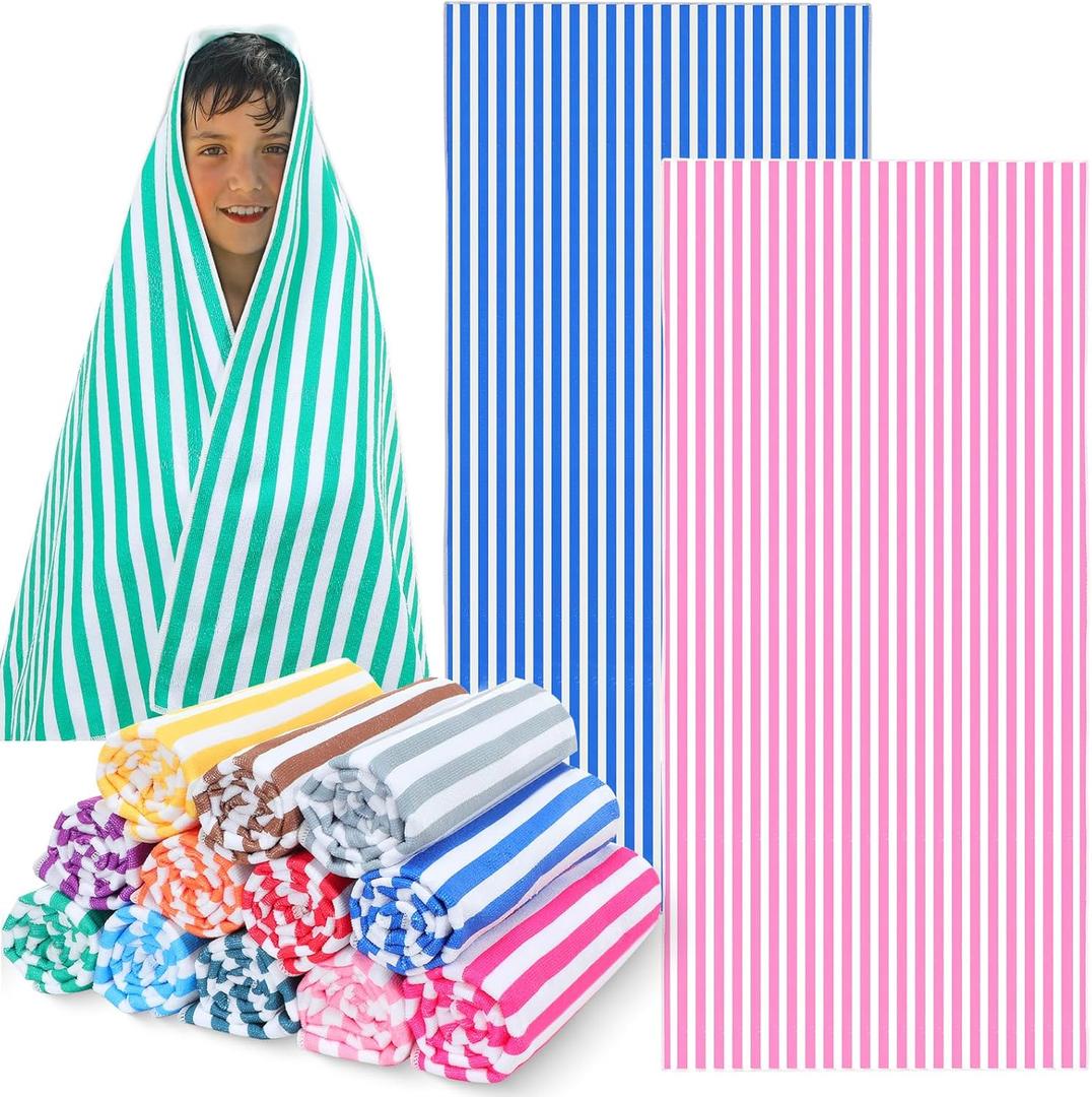 12 Pack Microfiber Beach Towel Bulk Pool Towel 27.5 x 59'' Large Striped Highly Absorbent Quick Dry Soft Swim Travel Towel Bath Towel Set Cute Summer Pool Party Favor for Kid Adult, 12 Colors