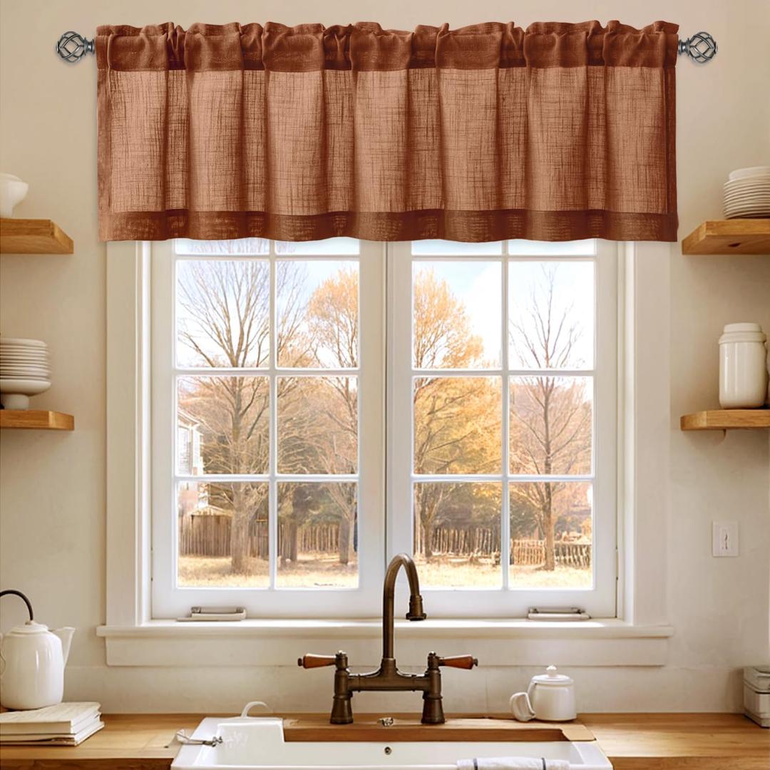 Linen Valance for Windows 2 Panels, Terracotta Rod Pocket Light Filtering Semi Sheer Soft Linen Window Treatment Drapes Farmhouse Burlap Rustic Curtains for Kitchen Living Room,54x18 inch