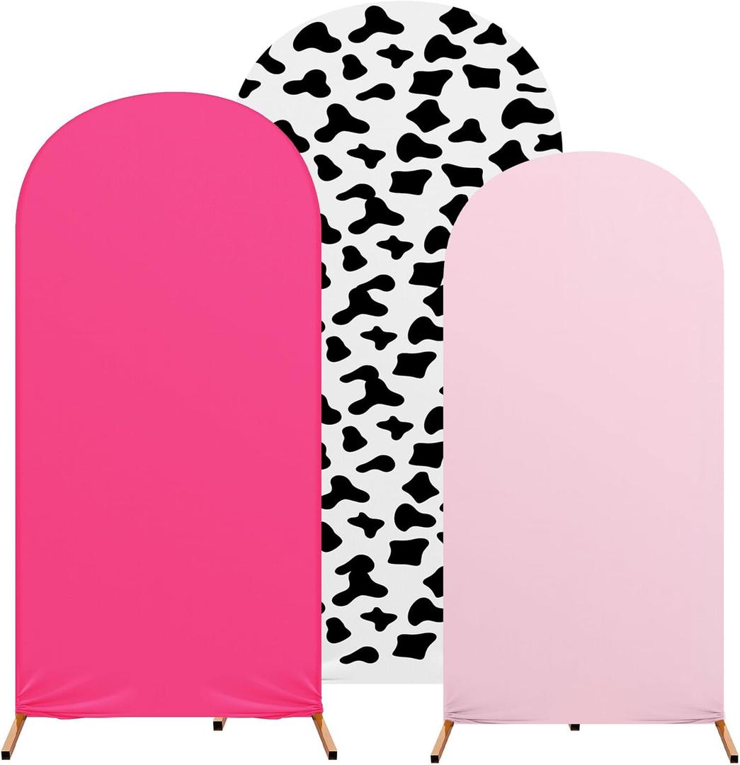 3 Sets Cow Theme Party Arch Backdrop Cover Cow Birthday Party Decorations Spandex Backdrop Stand Cover 4ft, 5ft, 6ft for Birthday Banquet Ceremony(Pink)