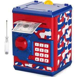 ATM Piggy Bank for Boys Girls, Vcertcpl Mini ATM Coin Bank Money Saving Box with Password, Kids Safe Money Jar for Adults with Auto Grab Bill Slot, Great Gift Toy Bank for Kids (Camouflage Red Blue)
