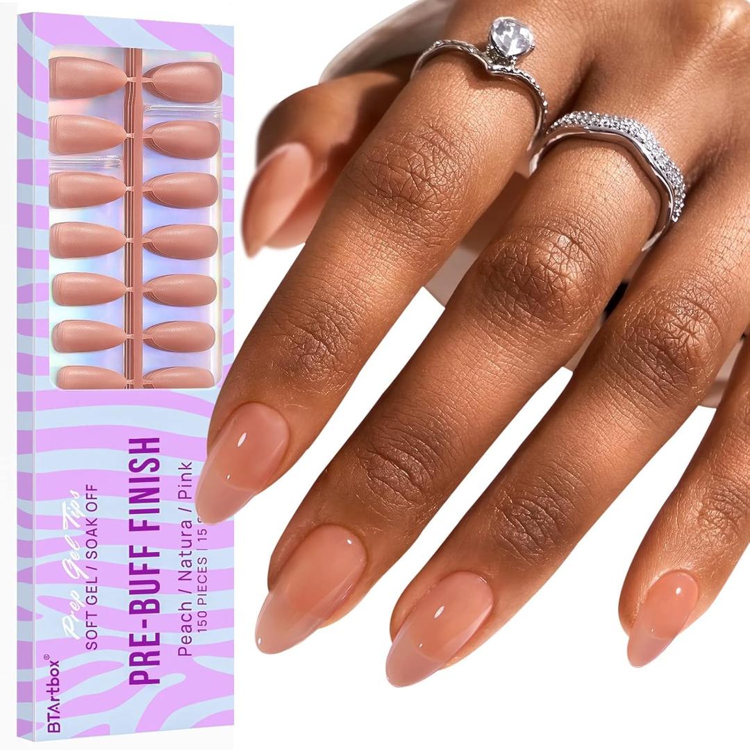 BTArtbox Almond Nail Tips Short - Soft Gel Press on Nails Short Natural XCOATTIPS with Tip Primer Cover, Stronger Adhesion Soak Off Almond Fake Nails for Easy DIY Nail Art