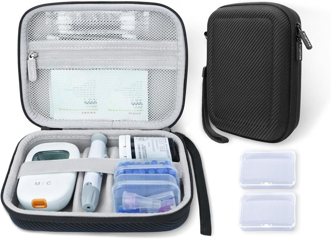 Krypthos Diabetic Supplies Travel Case, Carrying Case for Diabetes Blood Glucose Meter, Portable Diabetes Testing Kit Storage Organizer Bag for Blood Sugar Test Strips, Lancets, Lancing Device-Black