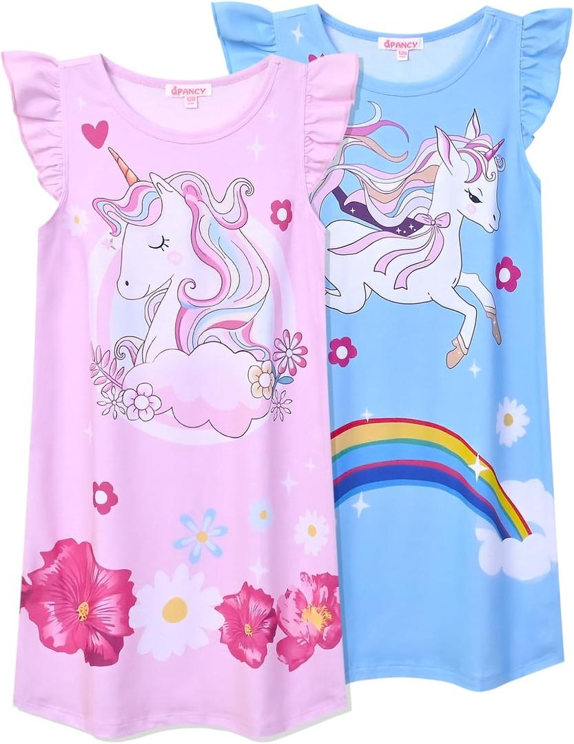 QPANCY 2-Pack Girls Nightgown Flutter Sleeves Pajamas Princess Night Dresses Cotton Sleepwear, (10-11 Years, Unicorn U37)