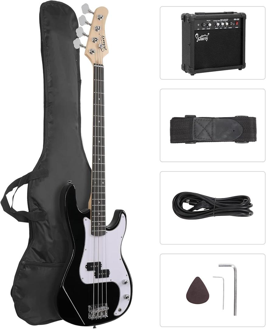 GLARRY Full Size Electric Bass Guitar Beginner Kit 4 String with AMP, Cable, Strap, Bag and Accessories (Black) (39"Right Handed)