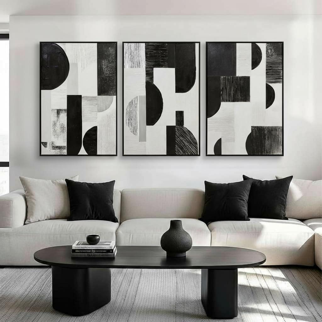 Zessonic Abstract Black White and Grey Wall Art Framed Geometry Canvas Print Modern Contemporary Edgy Blocks Artwork for Living Room, Bedroom, Office Decor - Set of 3, 24x36 Inch (Ready to Hang)