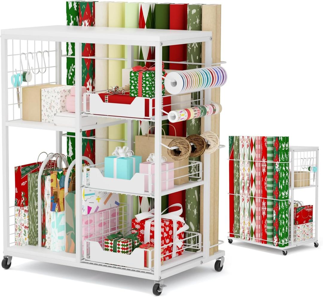 LUCKUP Rolling Wrapping Paper Organizer Cart Gift Wrap Storage with Wheels, 20 Roll Holders, 3 Drawers & Ribbon Dispenser, Craft Organizer for Christmas, Birthdays, White