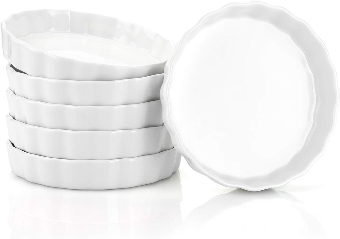 Foraineam 6 Pack 8 Ounce Porcelain Creme Brulee Ramekins Mini Fluted Quiche Dishes, 6 Inch Tart Pan Round Pie Plates for Baking, Dishwasher and Oven Safe