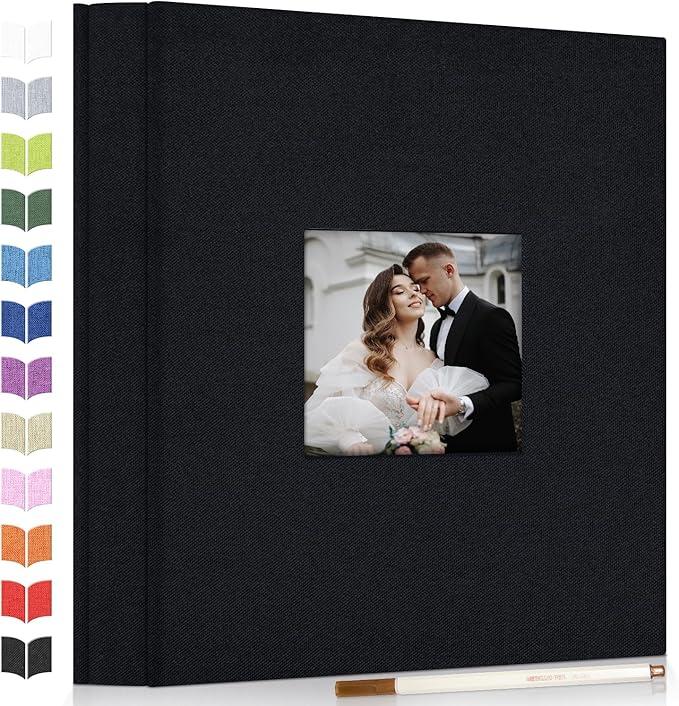 Photo Album Self Adhesive Scrapbook Album for 3x5 4x6 5x7 8x10 Pictures, 60 Pages Linen Cover with Display Window DIY Photo Book,Ideal Gifts for Family Travel Wedding Baby, Size: 13"x12.5" 