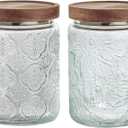 24 OZ/2 PCS Glass Storage Jar with Airtight Bamboo Wooden Lids, Vintage Food Containers Canisters Sets for Kitchen Counter Pantry, Sugar, Flour, Candy, Tea, Coffee Beans, Oats, Grain Bin, Pasta, ((24oz) Sunflower+Begonia)