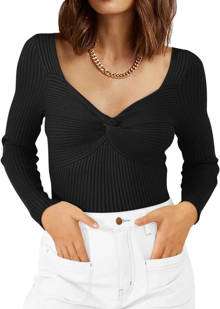 LILLUSORY Women's 2025 Twist Knot Fall Clothes Fashion Outfits Top Ribbed Long Sleeve (Medium, Black)