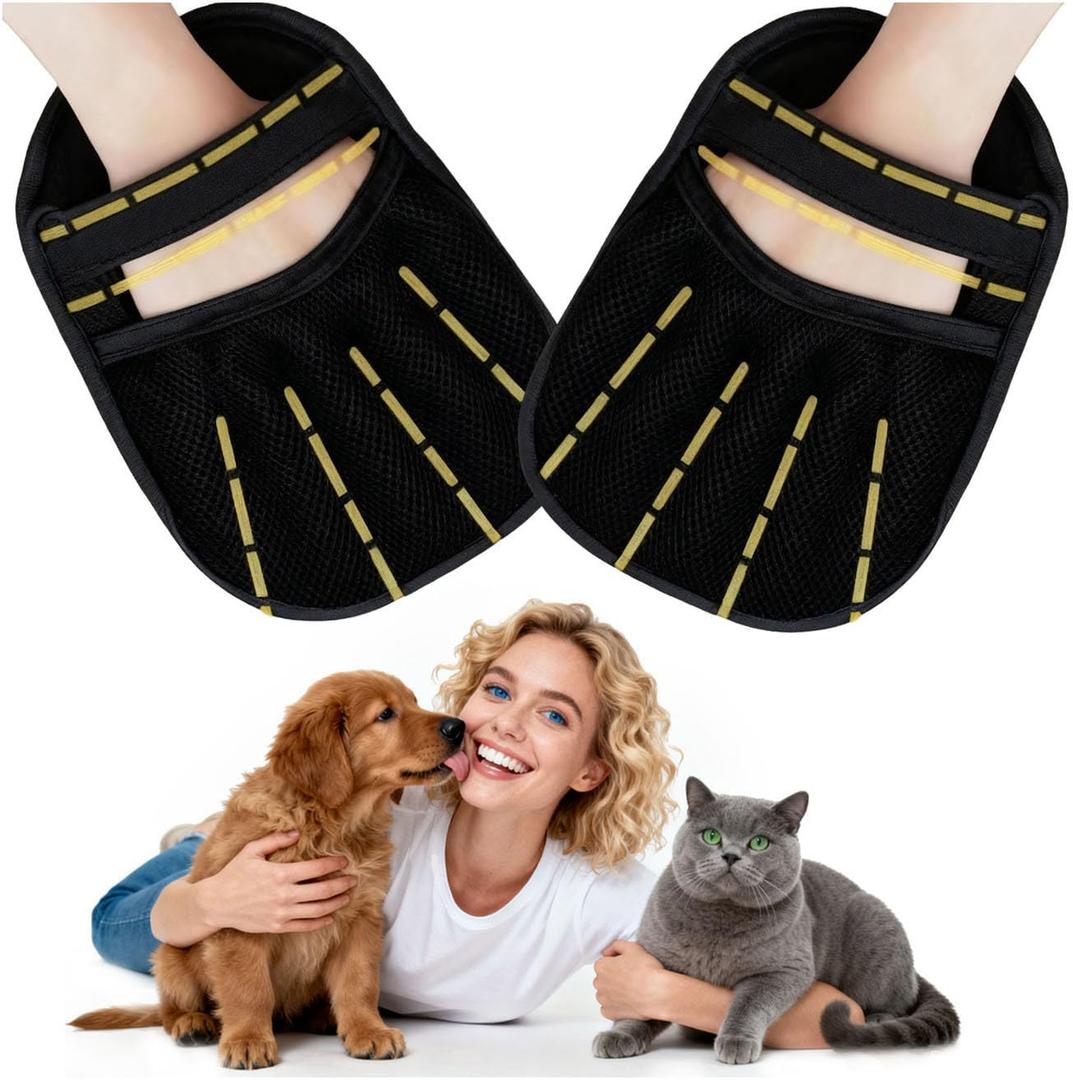 2 Pack Pet Hair Remover Glove for Couch, Reusable Cat and Dog Hair Removal Tool for Sofa, Carpet, Bedding, Car Seats and Clothes, Black